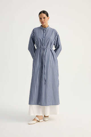 Çizgili Hakim Yaka Tunik İndigo - 5