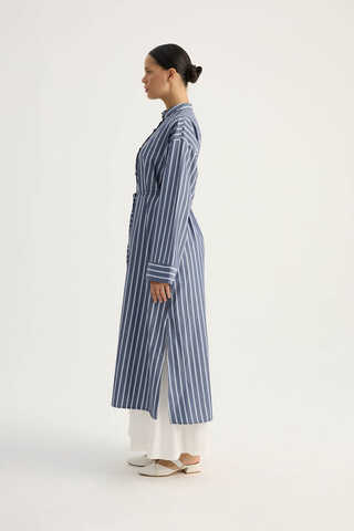 Çizgili Hakim Yaka Tunik İndigo - 7