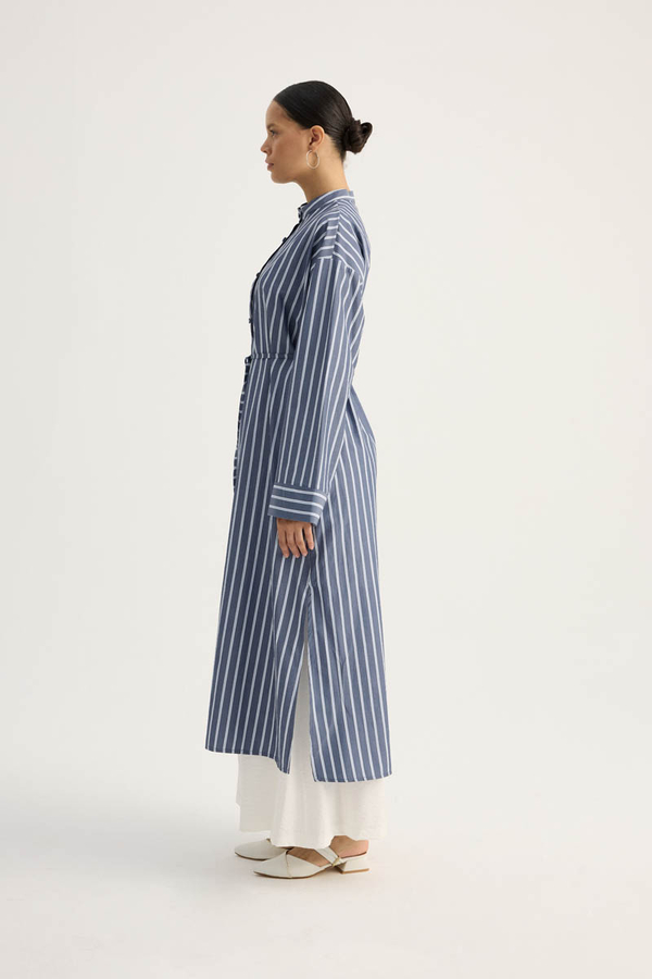 Çizgili Hakim Yaka Tunik İndigo - 7