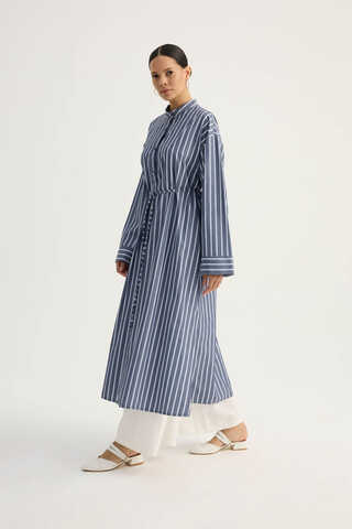 Çizgili Hakim Yaka Tunik İndigo - 8