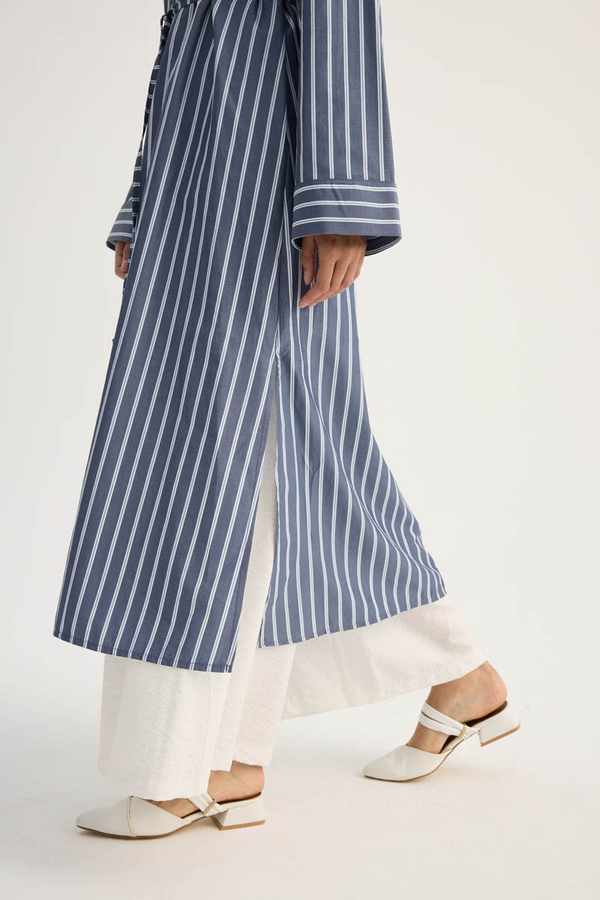 Çizgili Hakim Yaka Tunik İndigo - 11