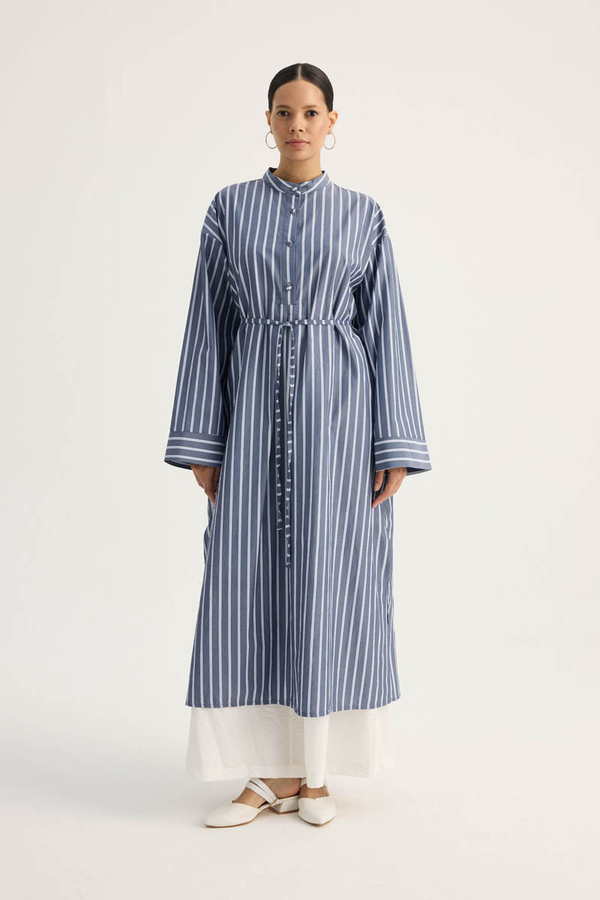 Çizgili Hakim Yaka Tunik İndigo - 2