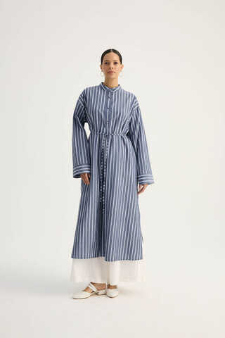 Çizgili Hakim Yaka Tunik İndigo - 3