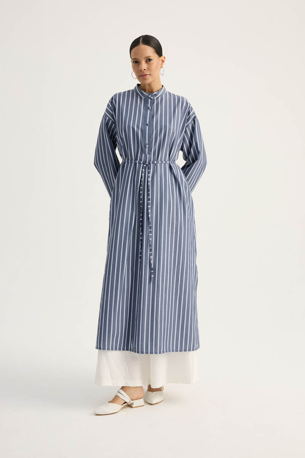 Çizgili Hakim Yaka Tunik İndigo - 5