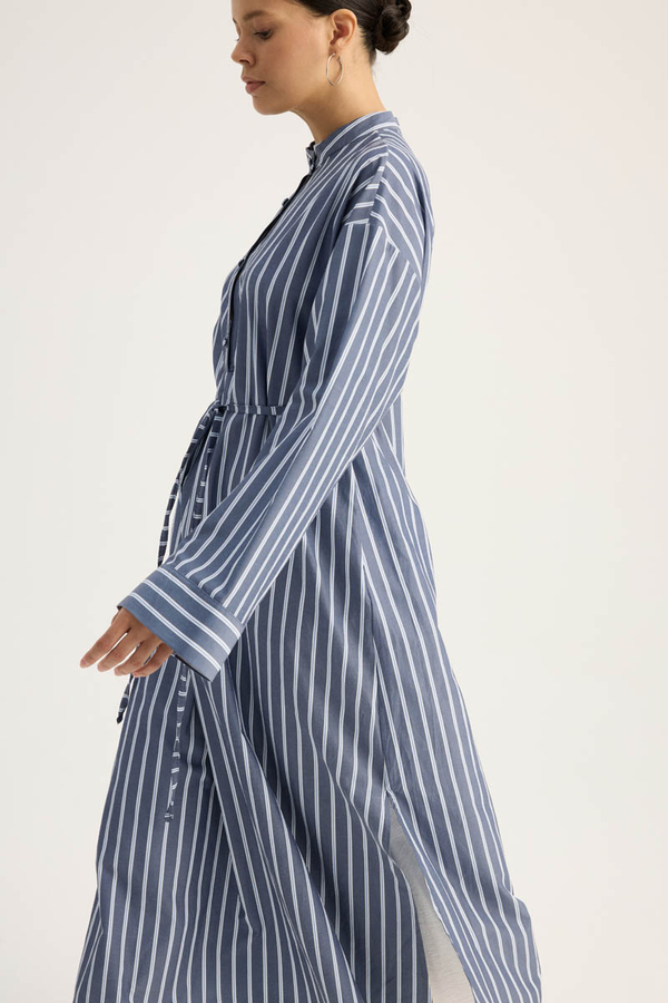 Çizgili Hakim Yaka Tunik İndigo - 6