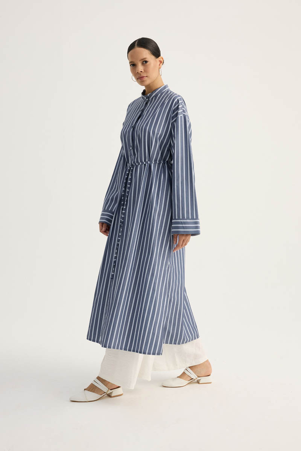 Çizgili Hakim Yaka Tunik İndigo - 8