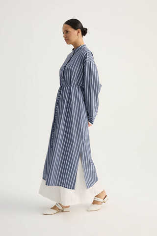 Çizgili Hakim Yaka Tunik İndigo - 9