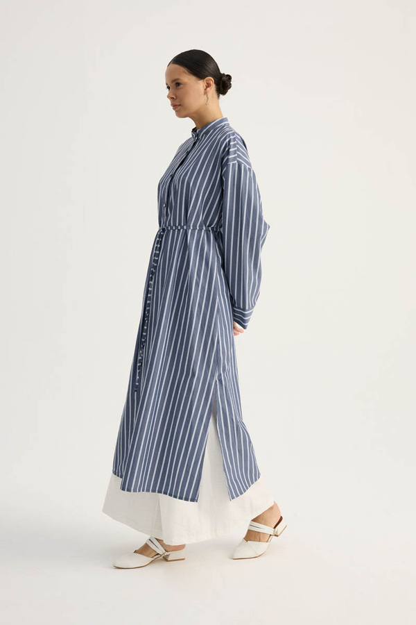 Çizgili Hakim Yaka Tunik İndigo - 9