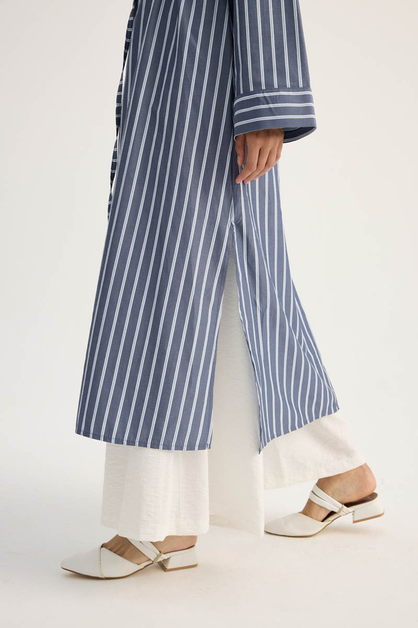 Çizgili Hakim Yaka Tunik İndigo - 10