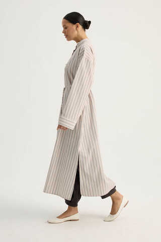 Çizgili Hakim Yaka Tunik Pudra - 9