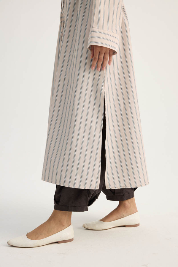 Çizgili Hakim Yaka Tunik Pudra - 2