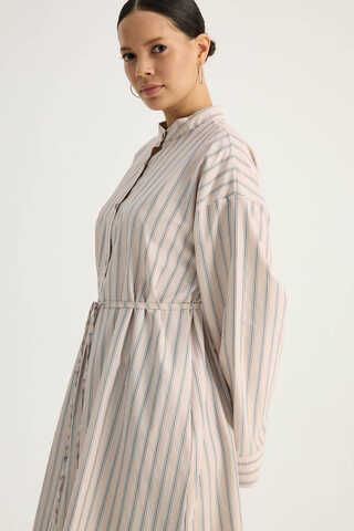 Çizgili Hakim Yaka Tunik Pudra - 5