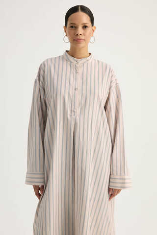 Çizgili Hakim Yaka Tunik Pudra - 7