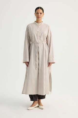 Çizgili Hakim Yaka Tunik Pudra - 1