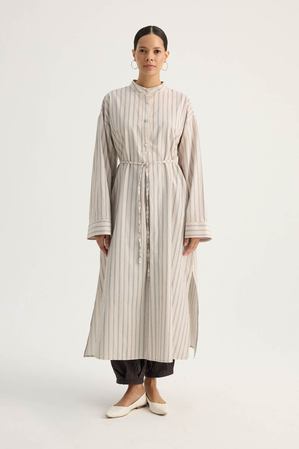 Çizgili Hakim Yaka Tunik Pudra