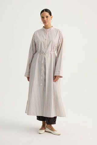 Çizgili Hakim Yaka Tunik Pudra - 3