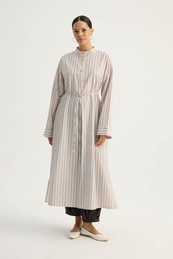 Çizgili Hakim Yaka Tunik Pudra - 3