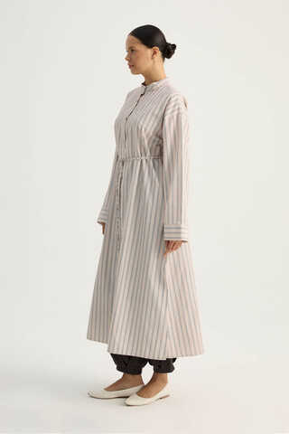 Çizgili Hakim Yaka Tunik Pudra - 6