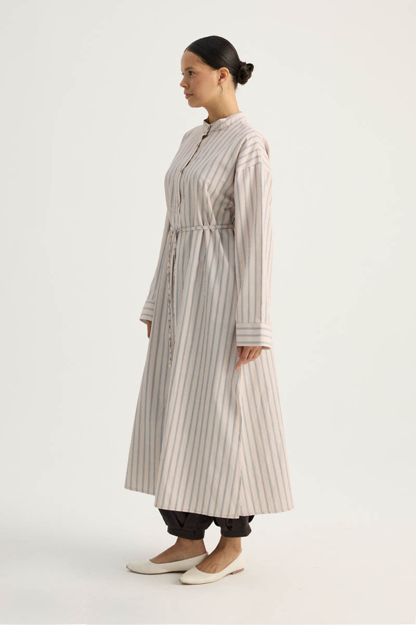 Çizgili Hakim Yaka Tunik Pudra - 6