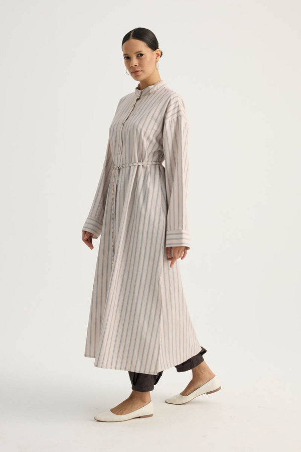 Çizgili Hakim Yaka Tunik Pudra - 8