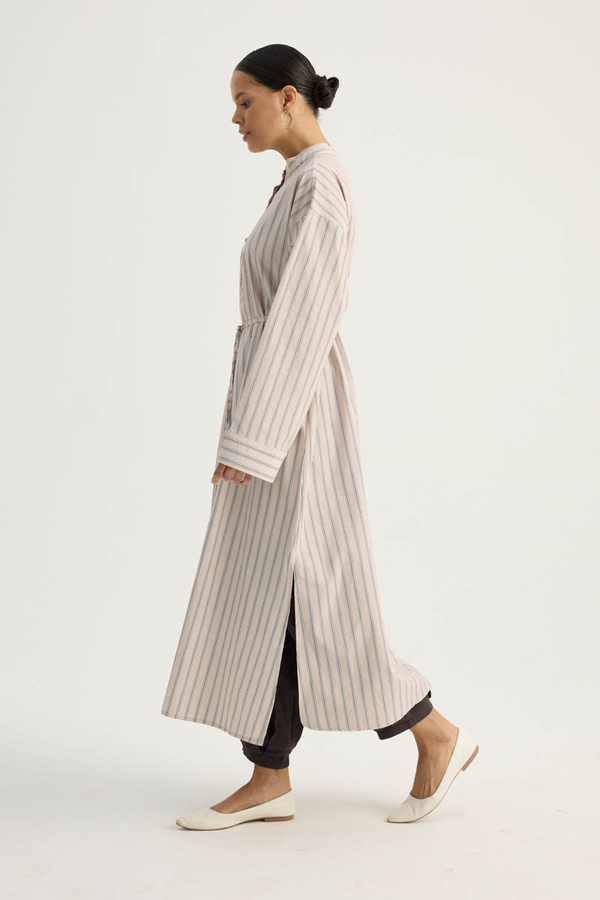 Çizgili Hakim Yaka Tunik Pudra - 9