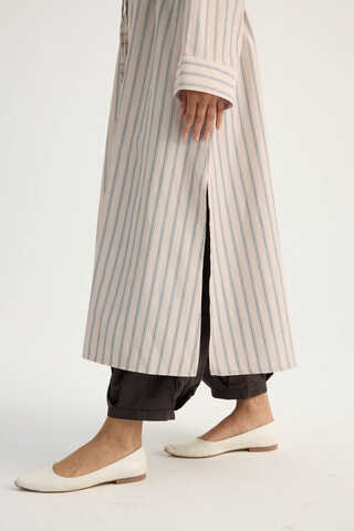 Çizgili Hakim Yaka Tunik Pudra - 2