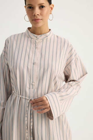 Çizgili Hakim Yaka Tunik Pudra - 10