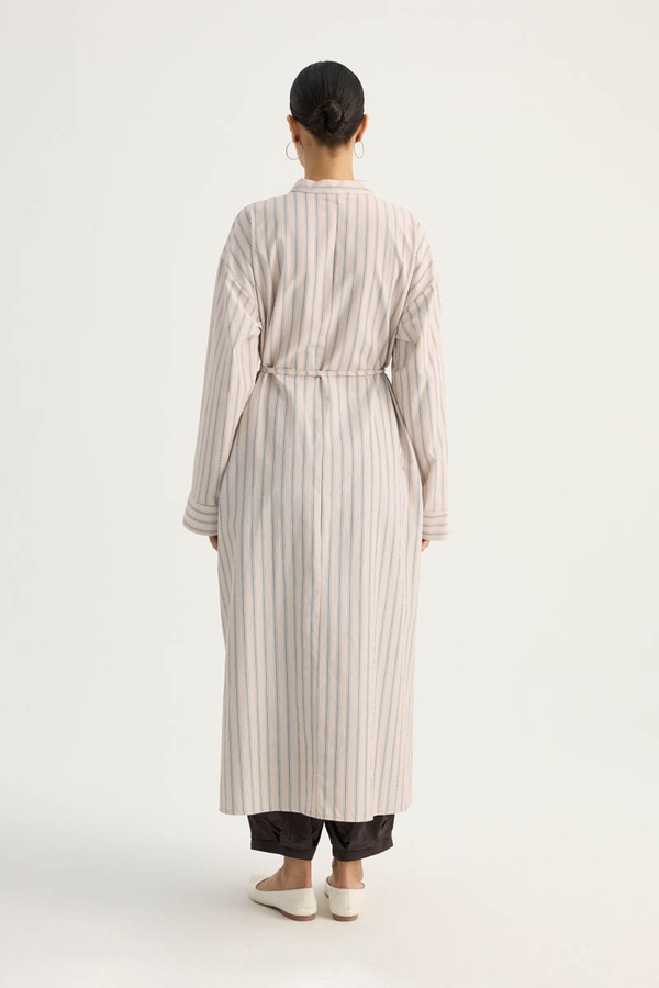 Çizgili Hakim Yaka Tunik Pudra - 13