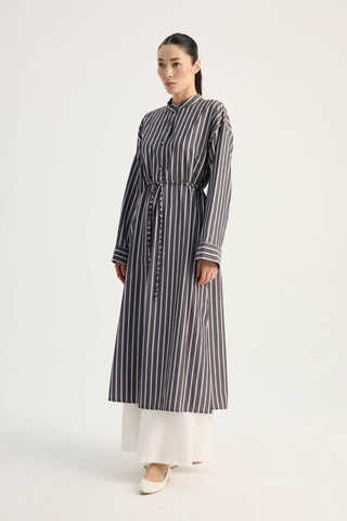 Çizgili Hakim Yaka Tunik Siyah - 4