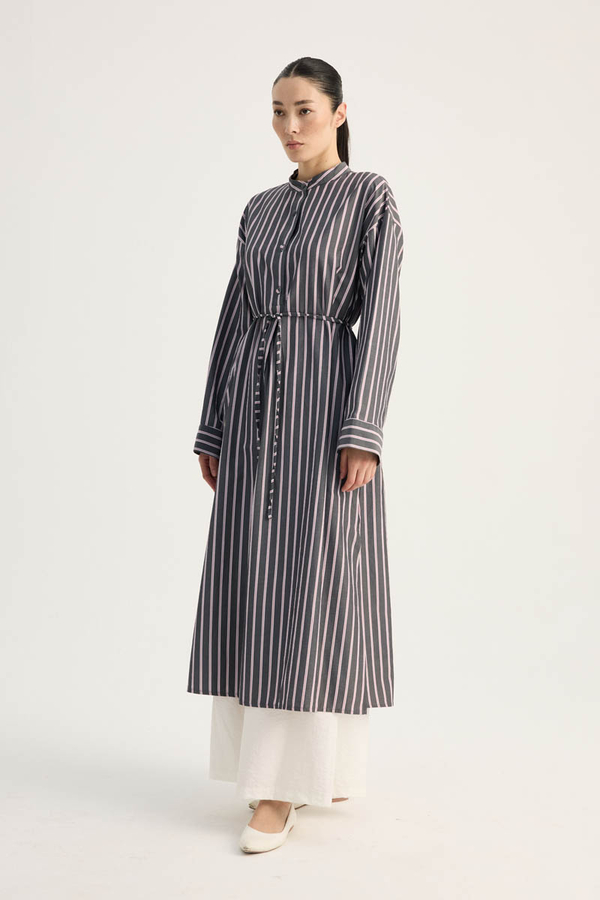 Çizgili Hakim Yaka Tunik Siyah - 4