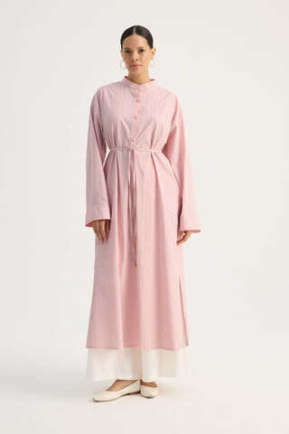 Çizgili Hakim Yaka Tunik Toz Pembe - 1