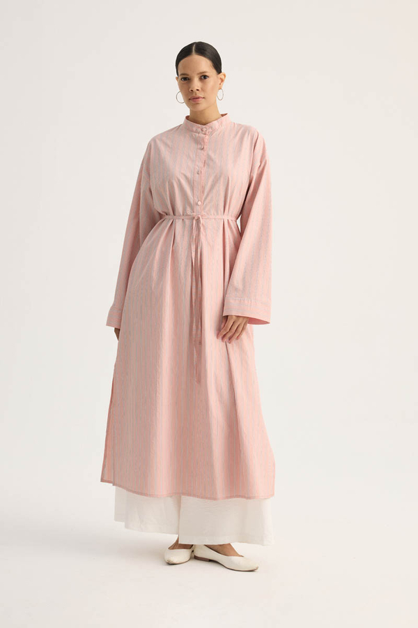 Çizgili Hakim Yaka Tunik Toz Pembe - 3