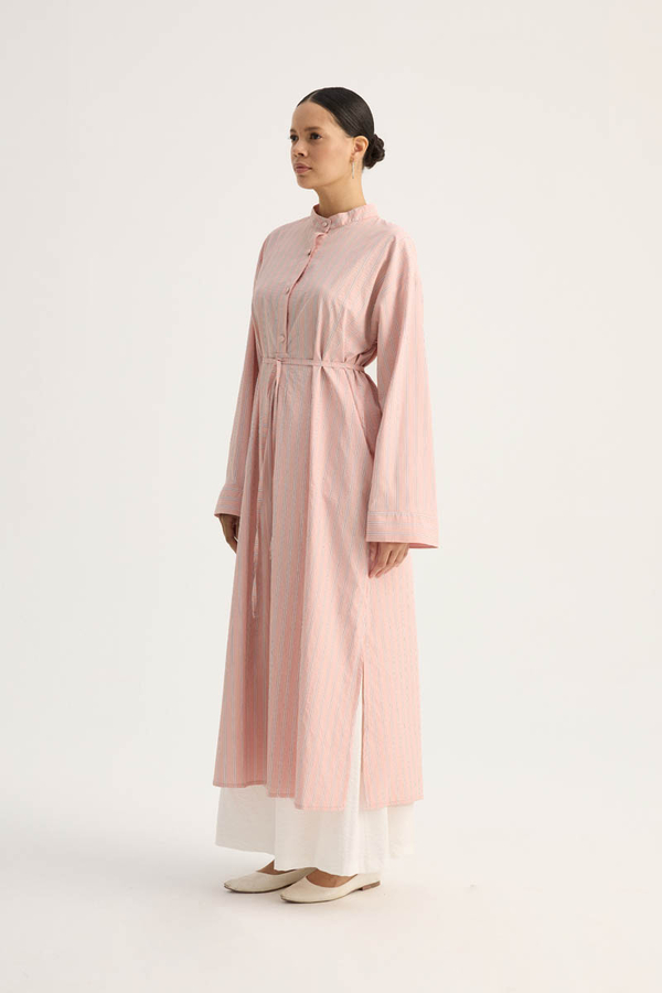 Çizgili Hakim Yaka Tunik Toz Pembe - 5