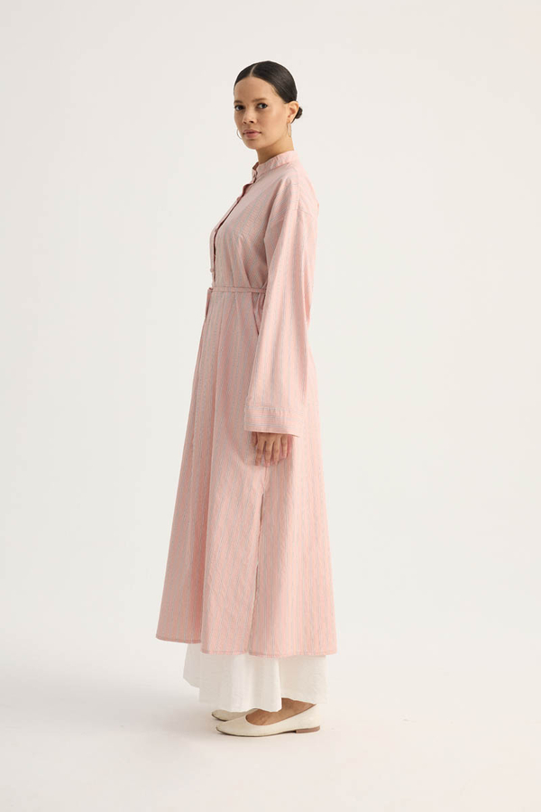 Çizgili Hakim Yaka Tunik Toz Pembe - 10