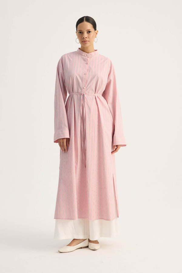 Çizgili Hakim Yaka Tunik Toz Pembe 