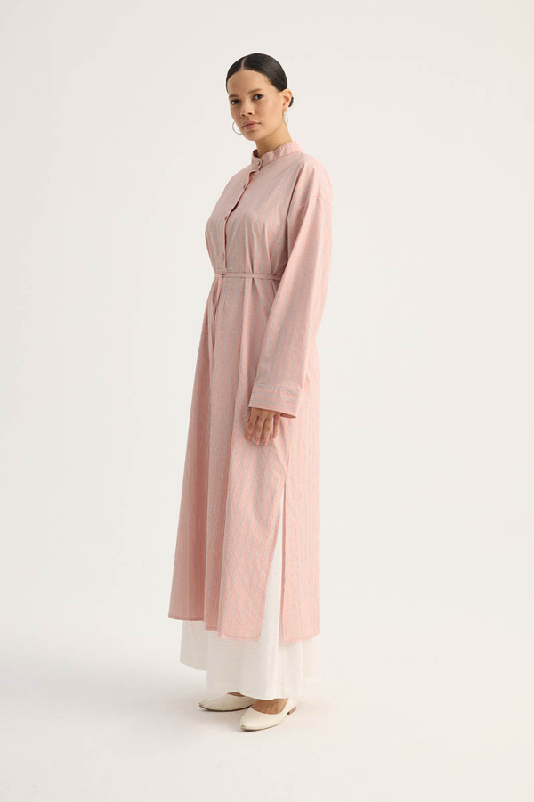 Çizgili Hakim Yaka Tunik Toz Pembe - 8