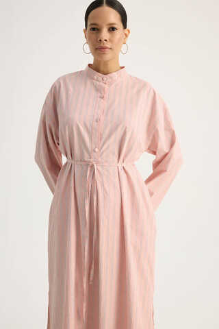 Çizgili Hakim Yaka Tunik Toz Pembe - 2