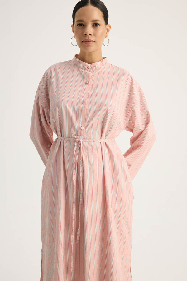 Çizgili Hakim Yaka Tunik Toz Pembe - 2