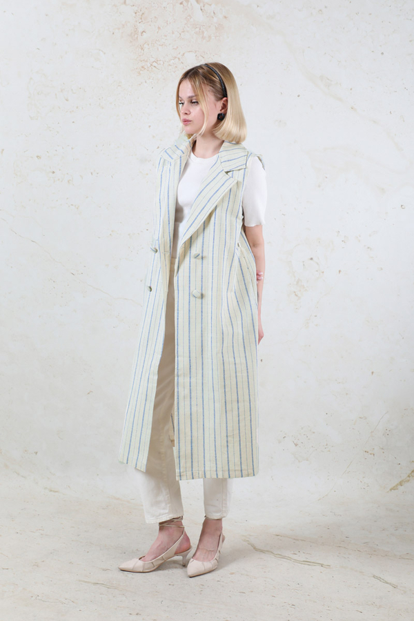 Çizgili Keten Yelek İndigo - 3