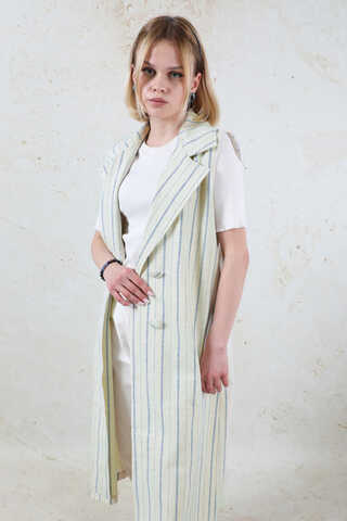 Çizgili Keten Yelek İndigo - 4