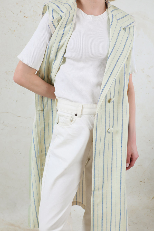 Çizgili Keten Yelek İndigo - 5