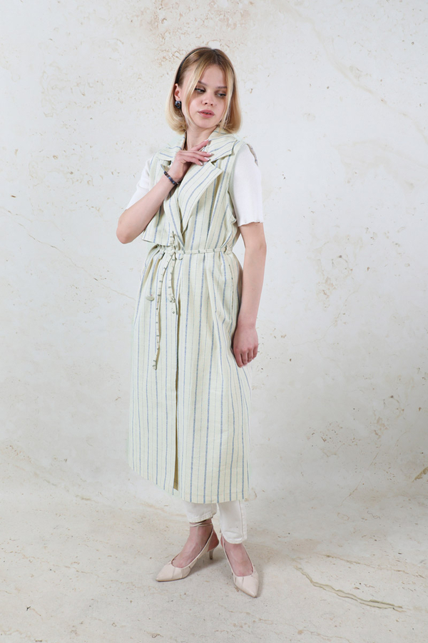 Çizgili Keten Yelek İndigo - 7