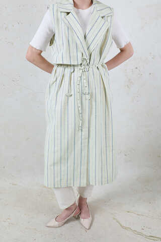 Çizgili Keten Yelek İndigo - 1