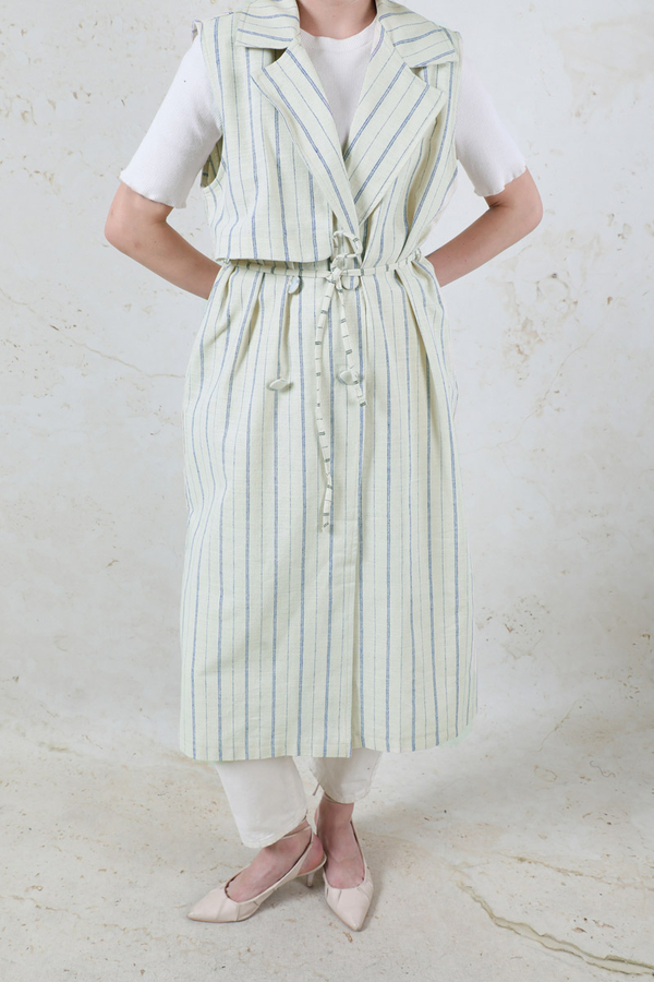 Çizgili Keten Yelek İndigo - 1