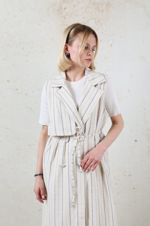 Çizgili Keten Yelek İndigo - 8