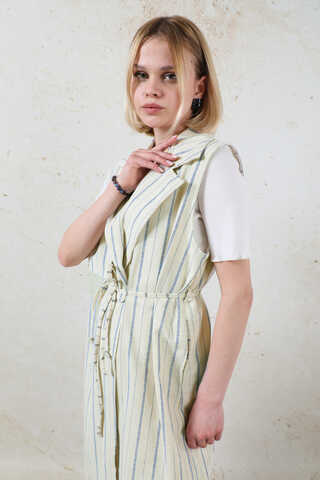 Çizgili Keten Yelek İndigo - 10