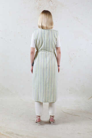 Çizgili Keten Yelek İndigo - 11