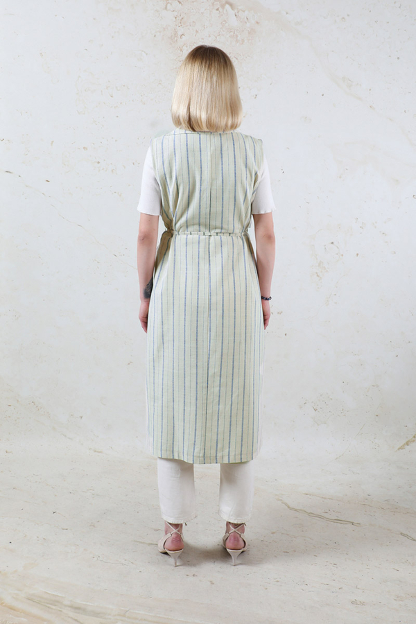 Çizgili Keten Yelek İndigo - 11