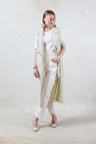 Çizgili Keten Yelek İndigo - 2