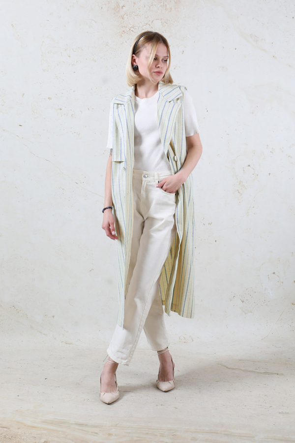 Çizgili Keten Yelek İndigo - 2